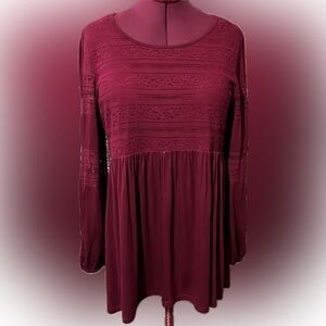 Suzanne Betro - Burgundy Lace Empire Waist Babydoll Top Long Sleeves Size Medium